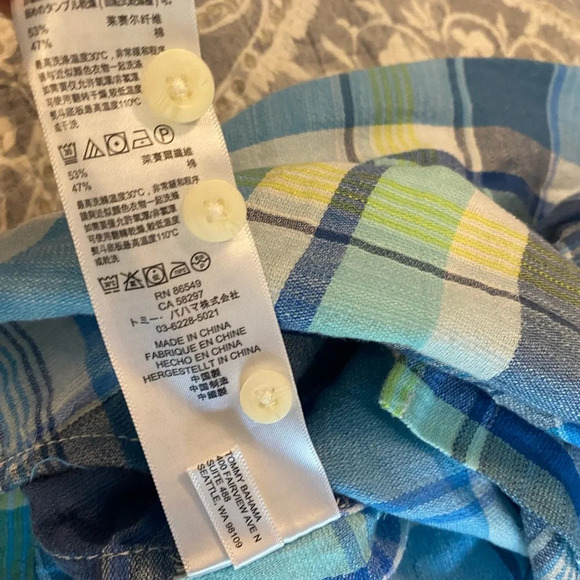 Tommy Bahama Large Preppy Blue Beach Coastal Cotton Tencel Button EUC Plaid - Picture 6 of 9